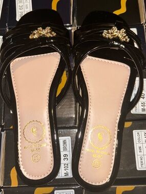 Black Patent Slide  with Gold Accent